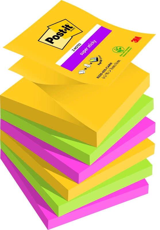 Karteczki samoprzylepne Post-it Super Sticky Z-Notes, kolekcja CARNIVAL, 76x76mm, 6x90 karteczek, mix kolorów